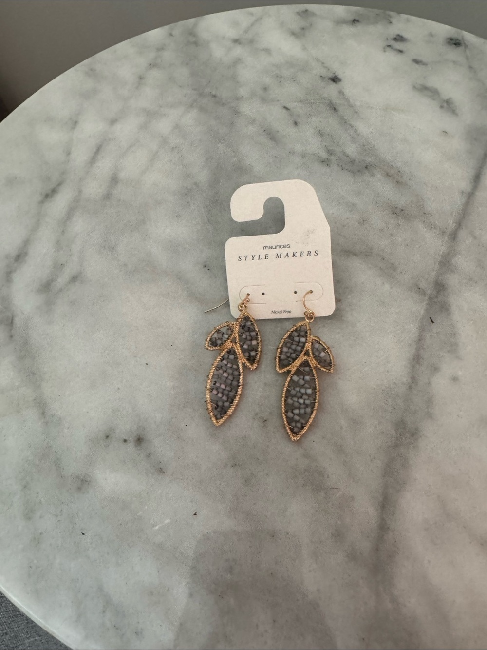 Gold-Tone Earrings with Gray Beaded Leaf Drops